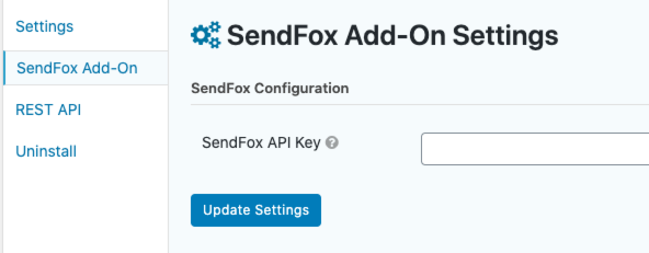 Graphic showing the SendFox Addon settings page within Gravity Forms settings.