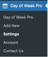 Graphic showing Day of Week Pro in the WordPress menu sidebar.