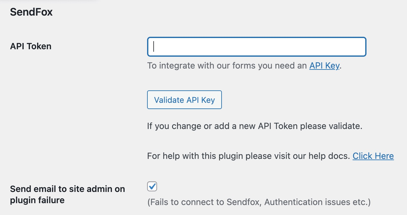 Image showing the SendFox integration settings (Including send email on failure).