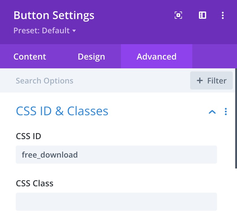 Image showing the button settings, advanced tab.