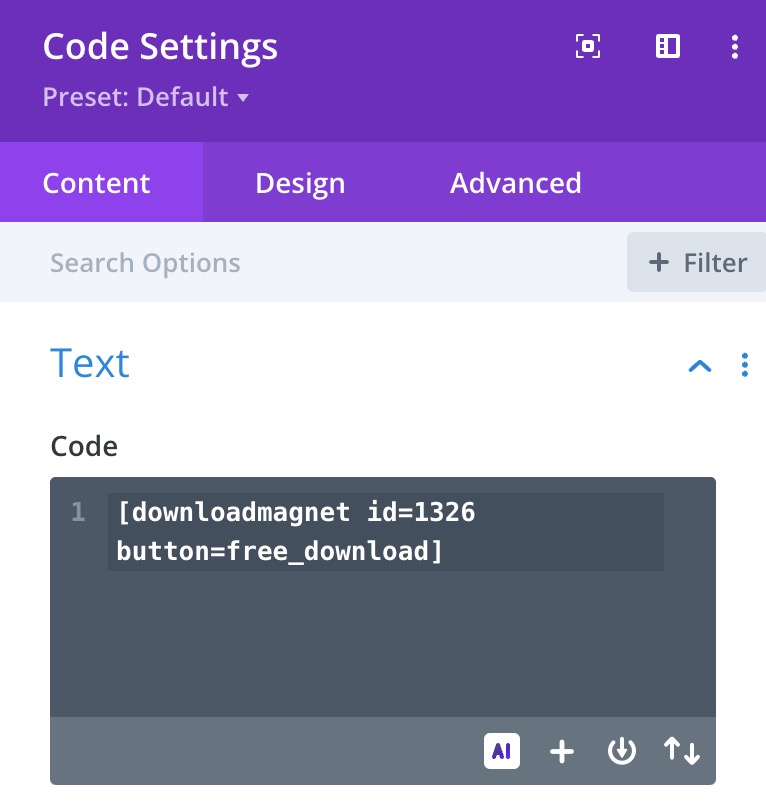 Image showing the shortcode added in a code module.