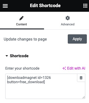 Image showing the shortcode element added and setup for Download Magnet.