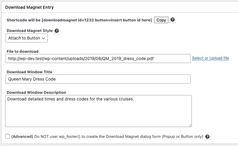 Image showing the main Download Magnet entry including the new Attach to Button option and the ignore wp_footer checkbox. 