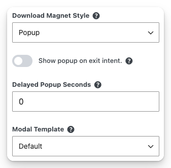 This shows the main entry post page with the new exit intent and delayed popup fields. The new Modal Template select option is also shown.