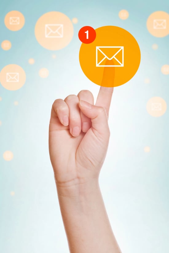 Graphic showing finger pointing to a new email icon.